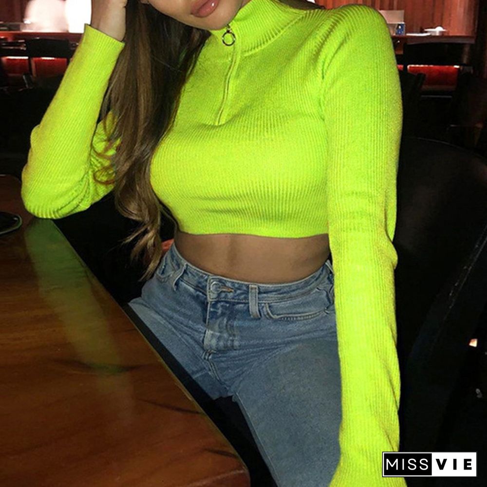 Autumn Fashion Women Crop Top Long Sleeves Zipper Crop Top