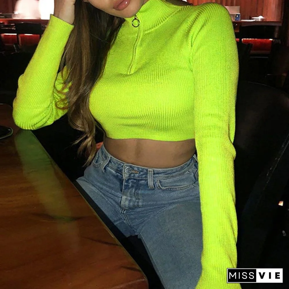 Autumn Fashion Women Crop Top Long Sleeves Zipper Crop Top