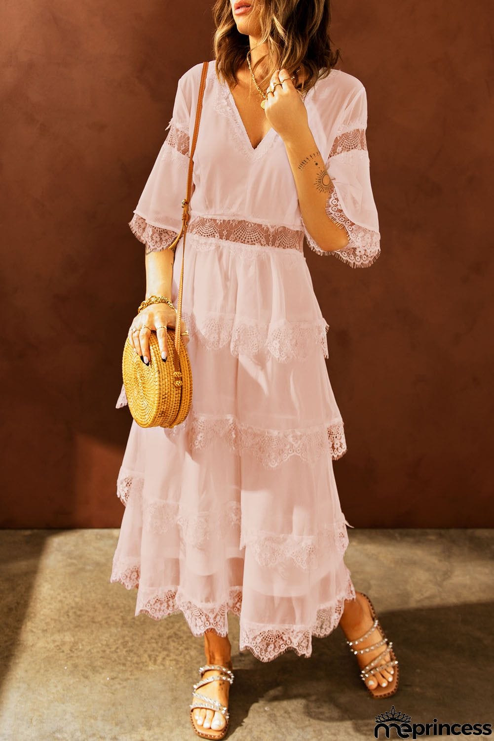 Pink Lace Patch Layered Long Dress