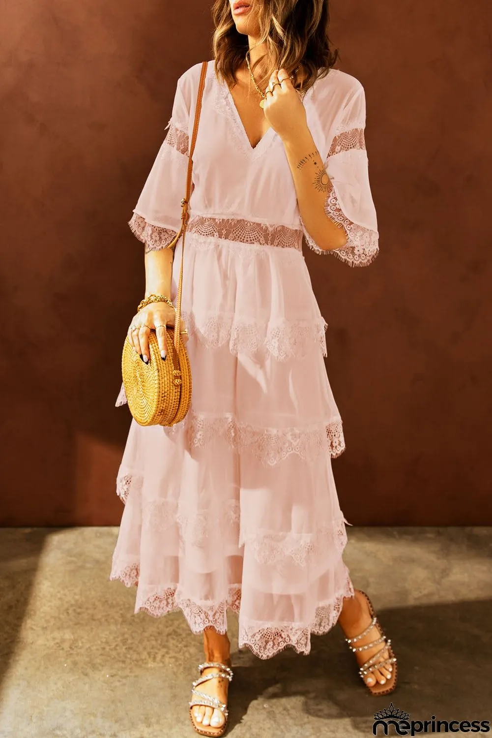 Pink Lace Patch Layered Long Dress