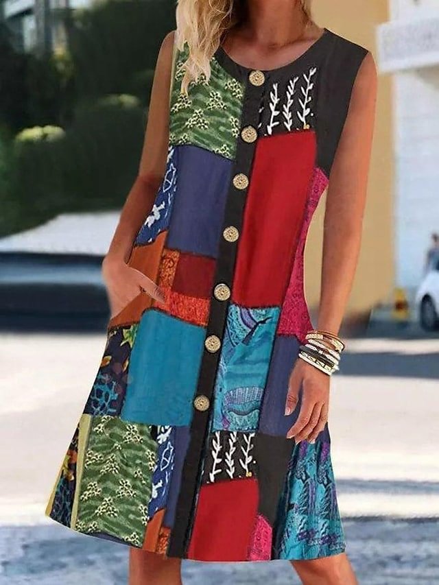 Fashion Trend Summer Women's Round Neck Sleeveless Print Contrast Color Pocket Dress - Shop Trendy Women's Fashion | TeeYours
