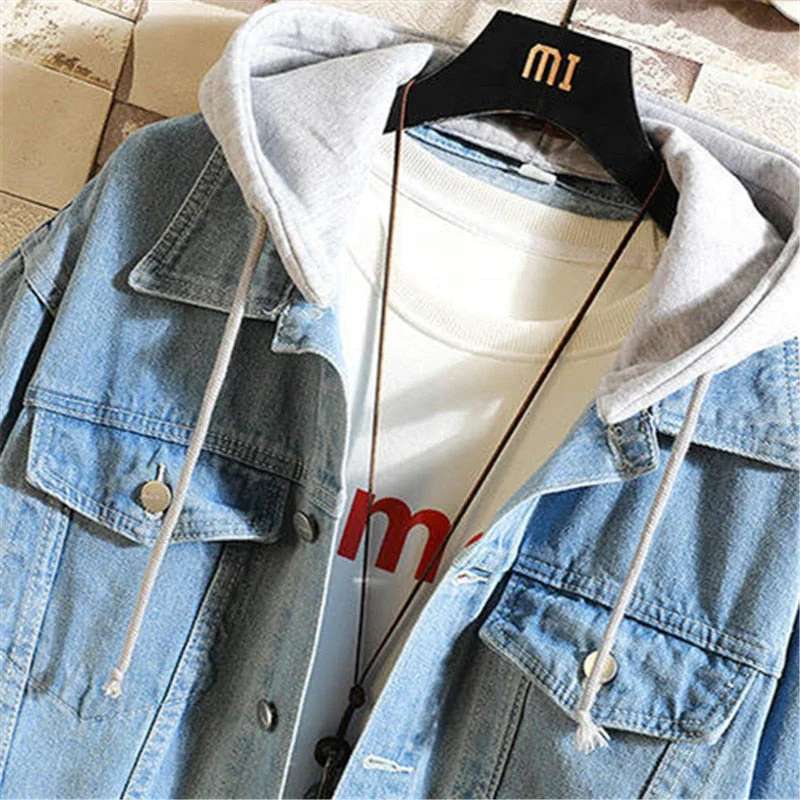 Huiketi Jacket Men Hooded Casual Men Jean Jackets Streetwear Solid Color Turn Down Collar Denim Coats Men Jacktes Hat Detachable