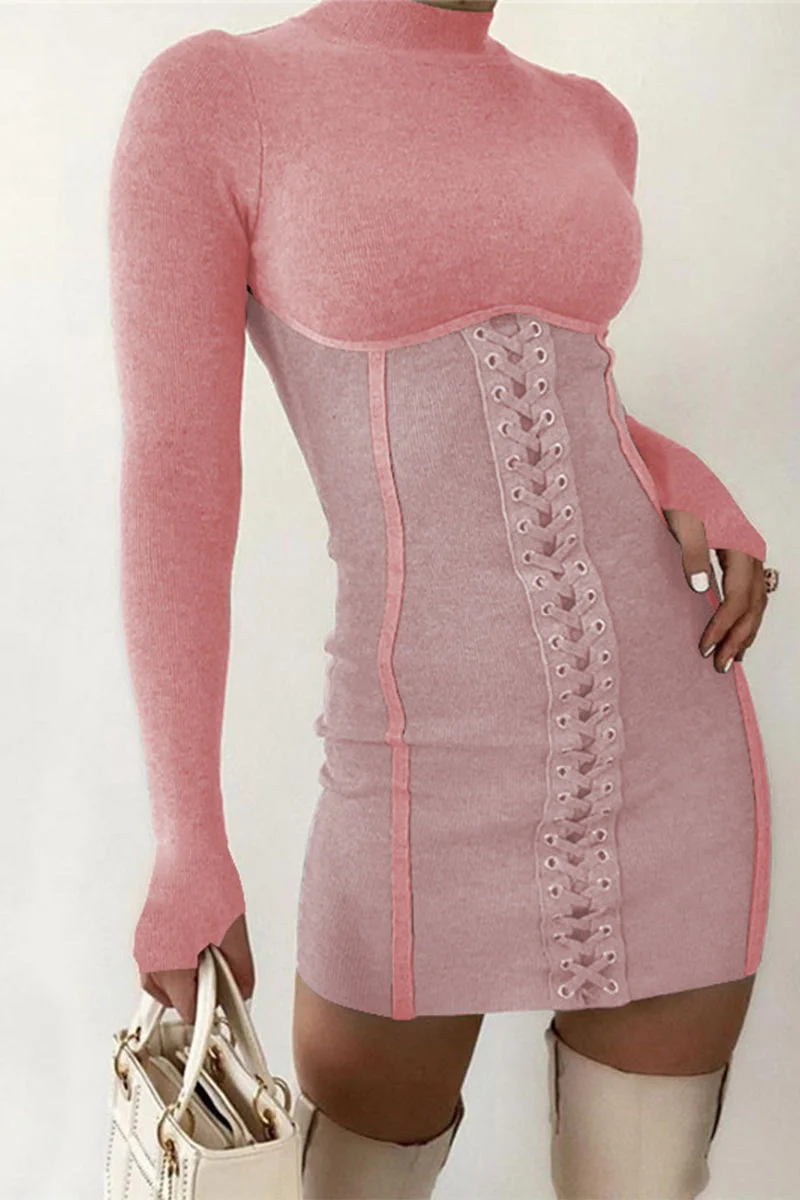 Pink Sexy Solid Bandage O Neck Wrapped Skirt Dresses | EGEMISS