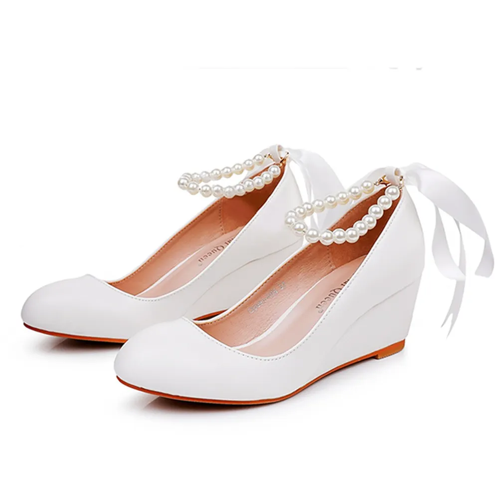 Breakj Breakj Cm White Beads Thick Bottom Heels Mary Jane's Shallow Mouth Single Shoe Ribbon Thin Wedding Dress High Heels