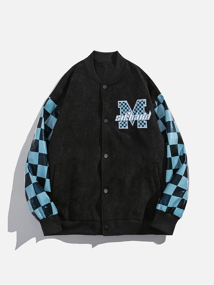 "M" Patchwork Checkerboard Varsity Jacket