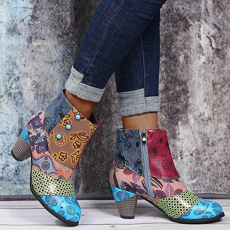 Wongn Wongn Plus Size Bohemian Female Martens Ethnic Style Casual Vintage Stitching High Heel Short Leather Boots