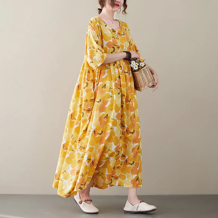 Literary Loose Yellow Floral Short-Sleeved Maxi Dress