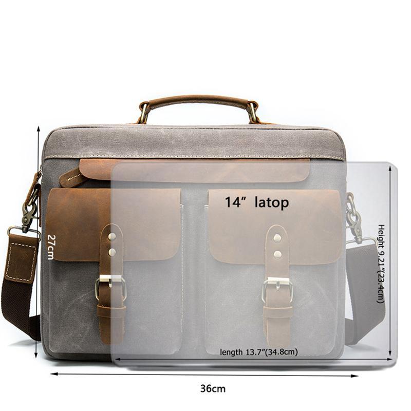 Men's Retro Handbag Leather Canvas Business 14 Inch Computer Bag Crossbody Bag