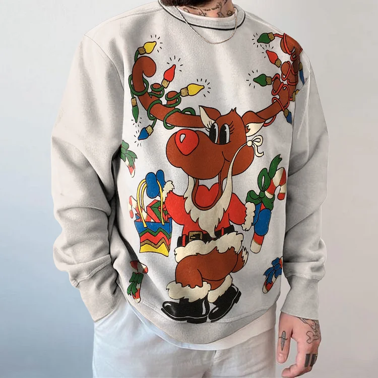 Crew Neck Christmas Reindeer Print Loose Sweatshirt