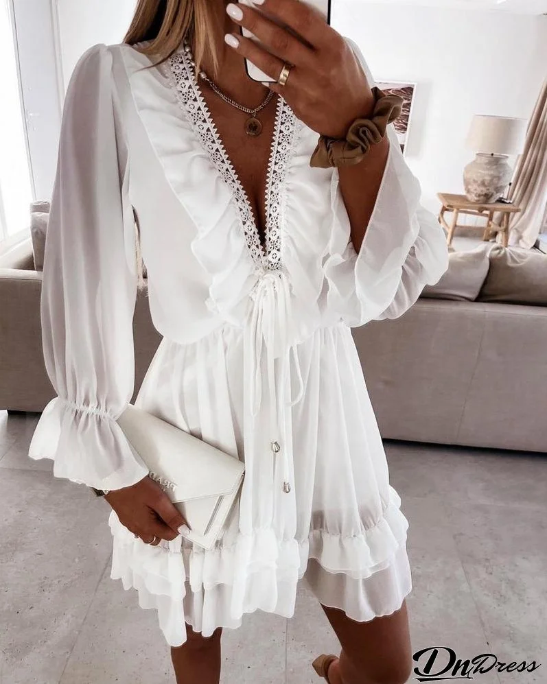 Lace Trim Ruffle Hem Plunge Chiffon A Line Dress