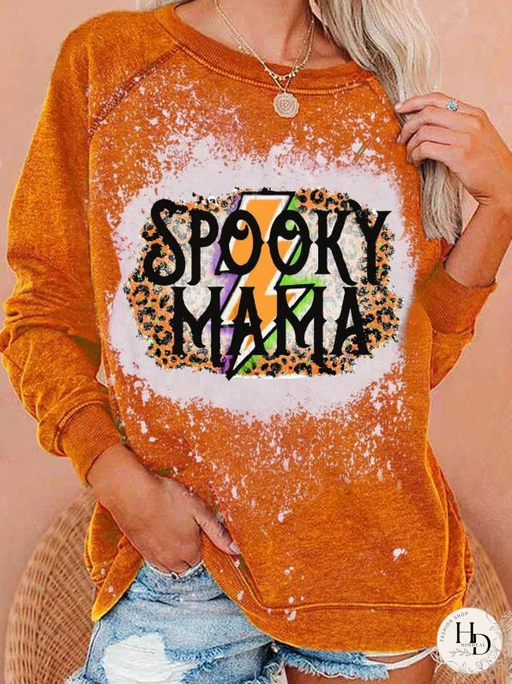 Halloween Spooky Mama Letter Print Long Sleeve Sweatshirt