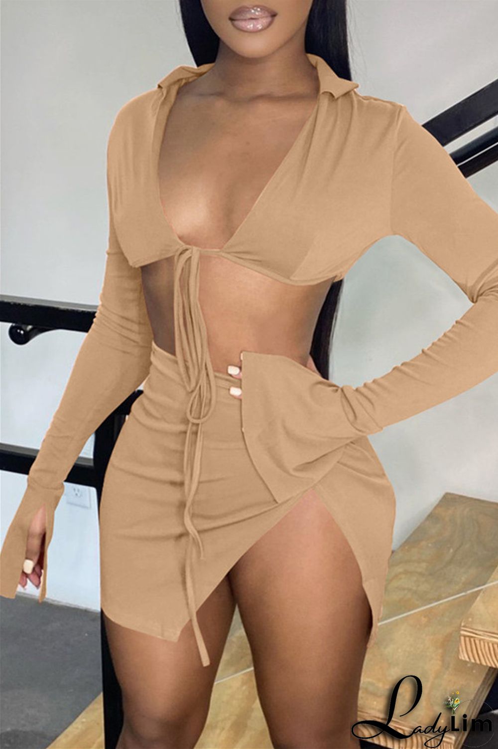 Yellow Fashion Sexy Solid Bandage Slit V Neck Long Sleeve Two Pieces
