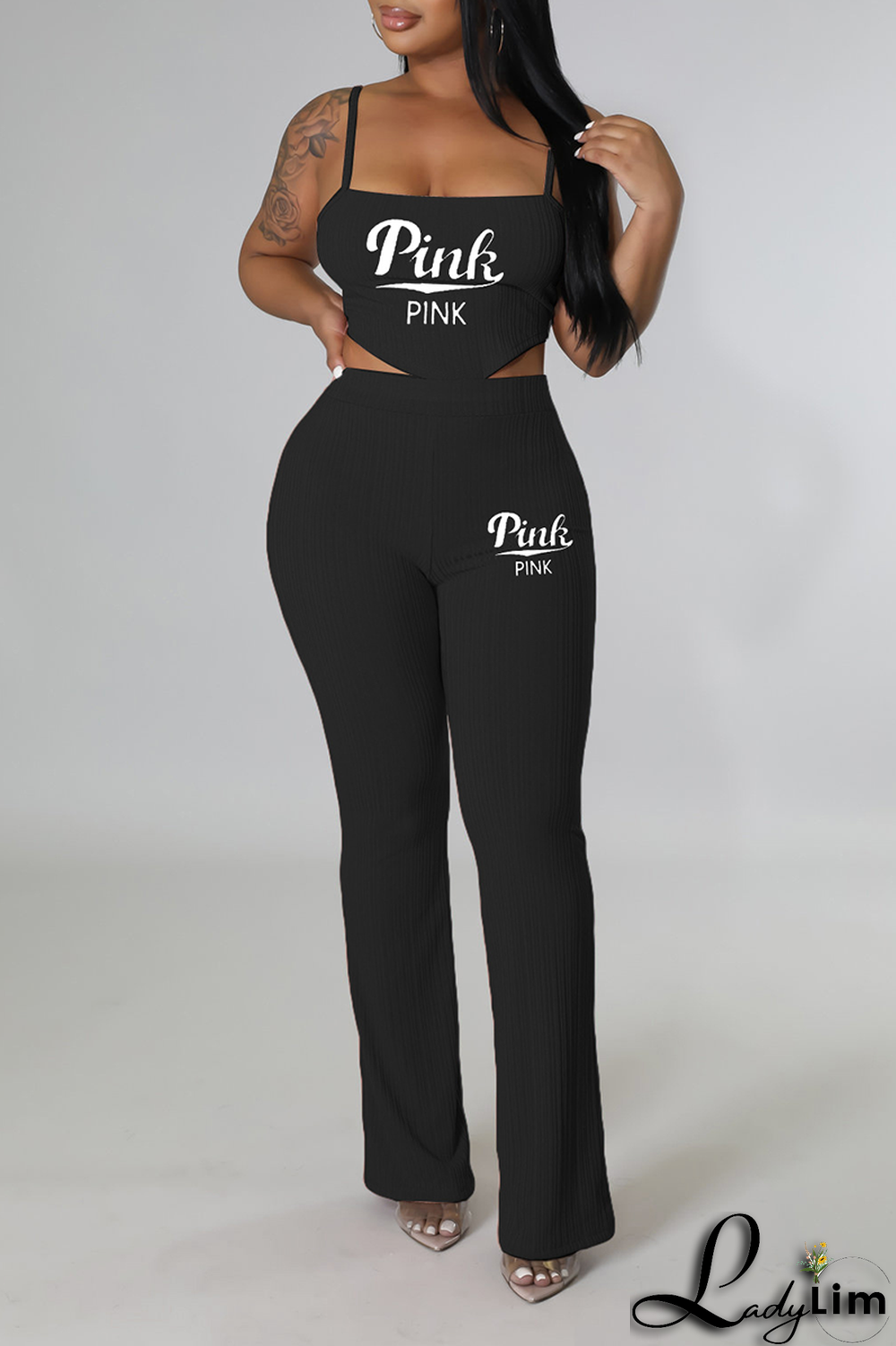 Orange Casual Print Letter Spaghetti Strap Sleeveless Two Pieces