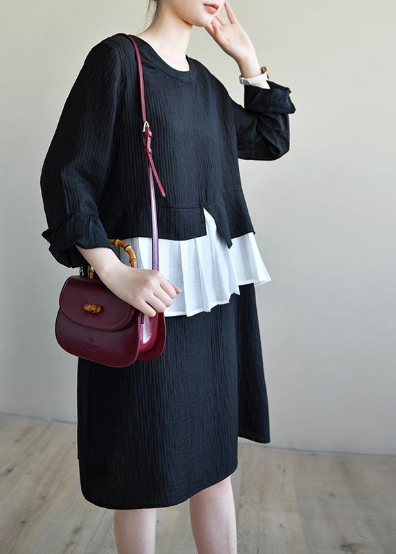 VCSHOES Loose Black O Neck Patchwork Spring Maxi Dress