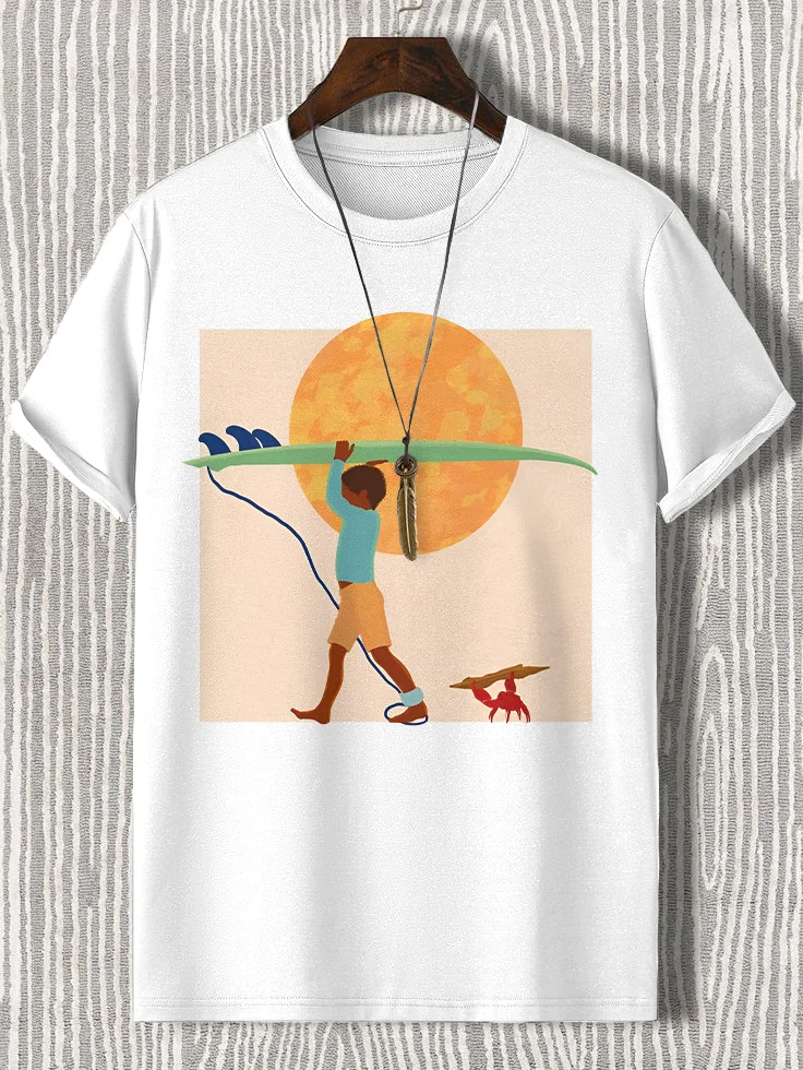 Men's Boy Holding Surfboard At The Seaside Print Cotton Casual T-Shirt