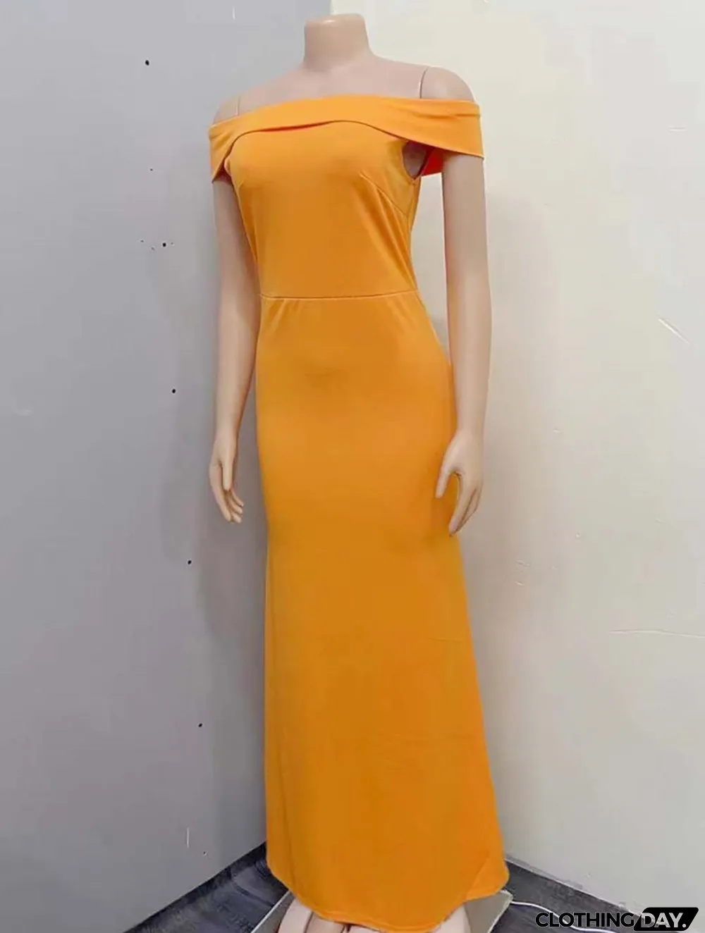 Fall Orange Off Shoulder Fishtail Long Evening Dress