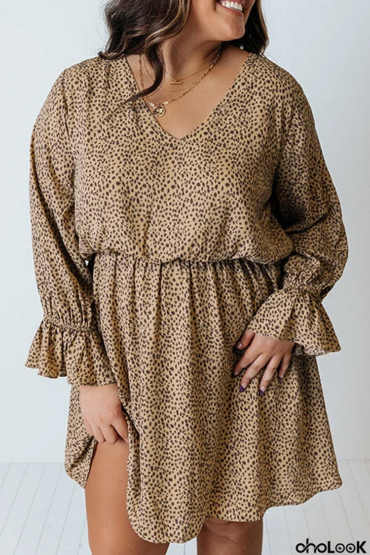 Khaki Plus Size Ruffled Long Sleeve Animal Spotted Print Dress