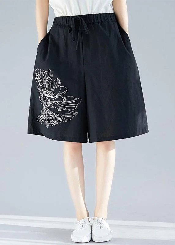 plus size women black cotton blended embroidery shorts