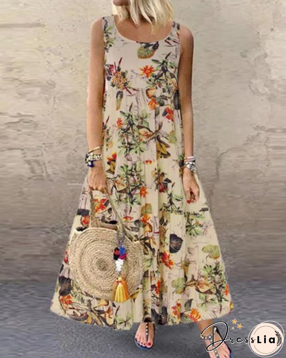 Retro Floral Cotton Maxi Dress