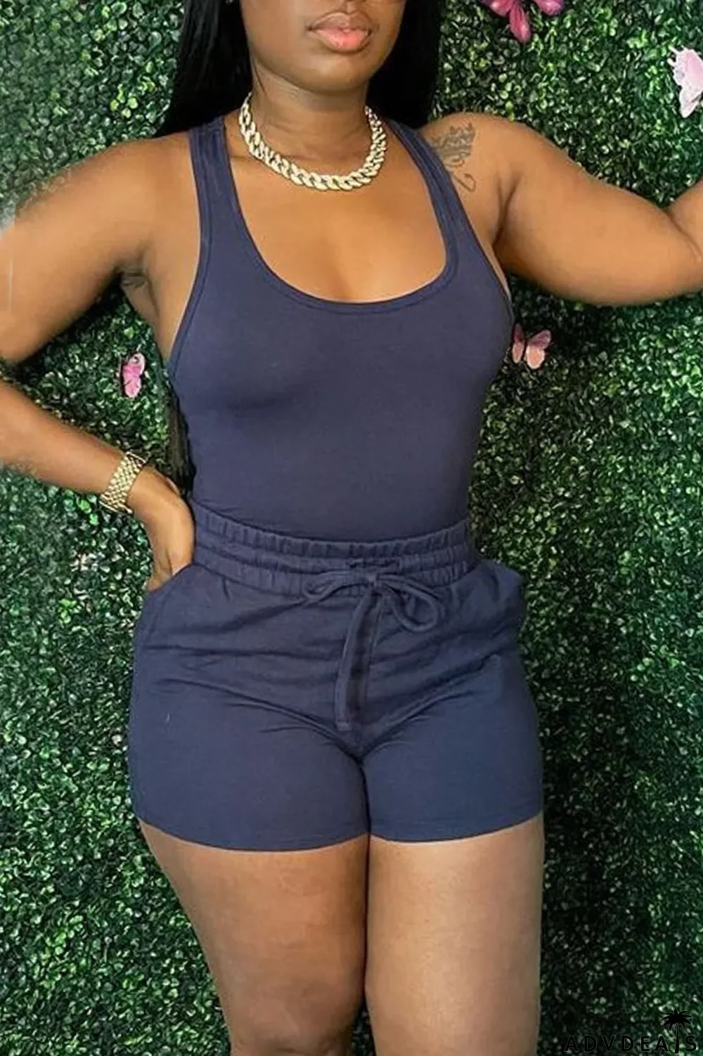 Orange Pink Casual Solid Split Joint U Neck Sleeveless Two Pieces