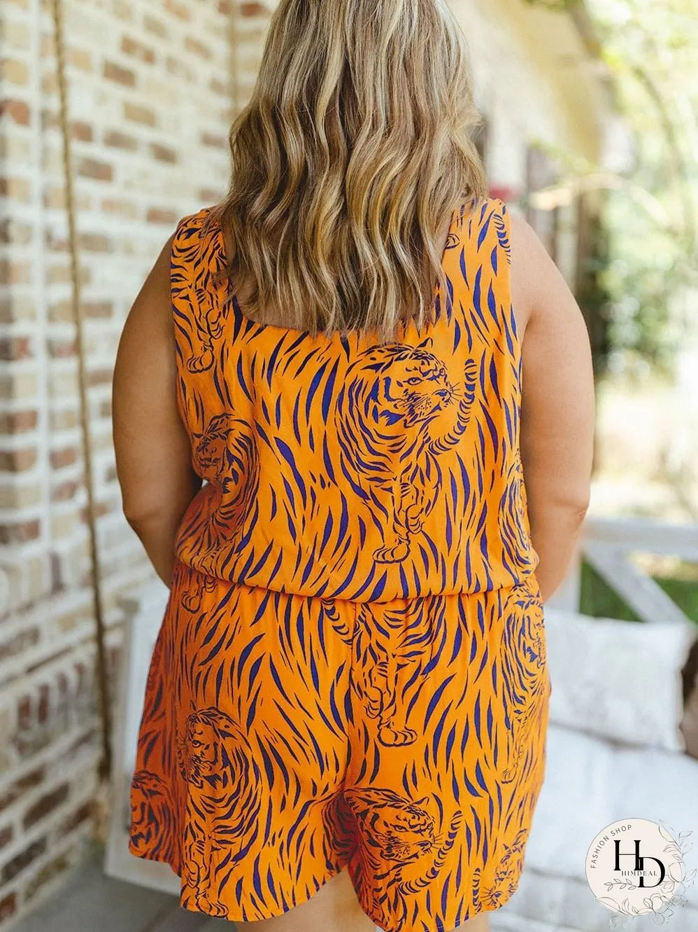 Sunny Plus Size Tiger Stripe V Neck Sleeveless Romper
