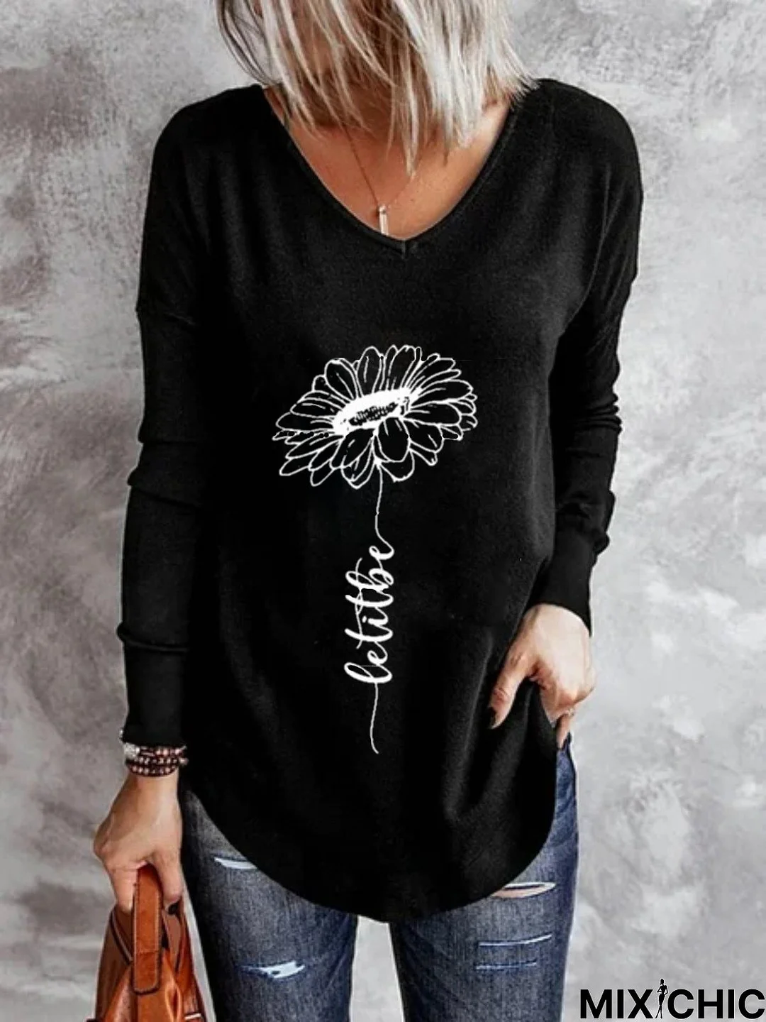 Casual Long Sleeve V Neck Plus Size Printed Tops T-shirts