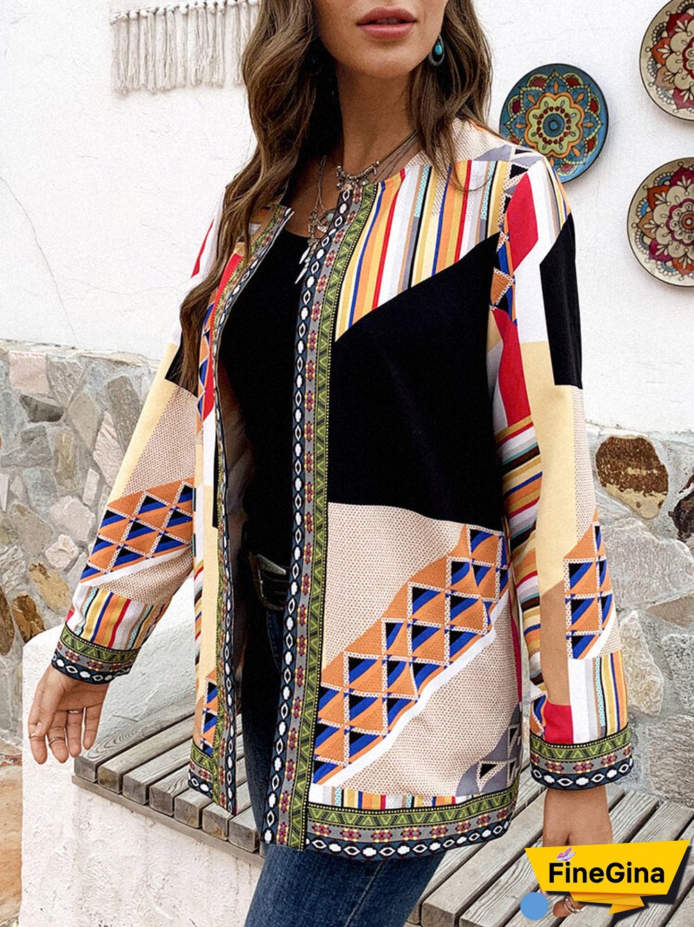 Geometric Ethnic Print Patchwork Long Sleeve Vintage Jacket For Women