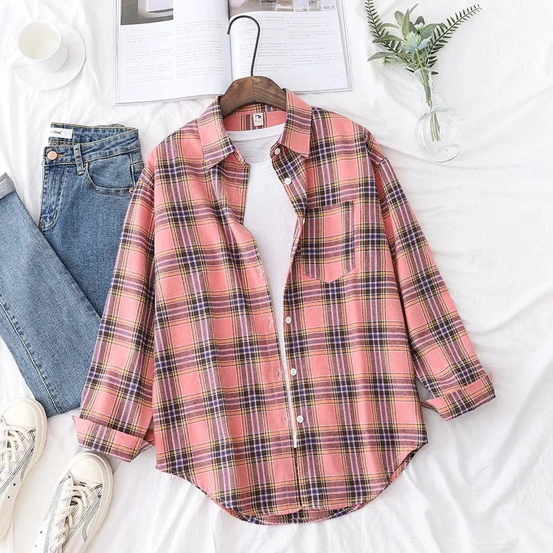 2021 New Long Sleeve Loose Casual Womens Plaid Shirt Fine Fresh College Style Design Blouses And Tops Female Checked Clothes
