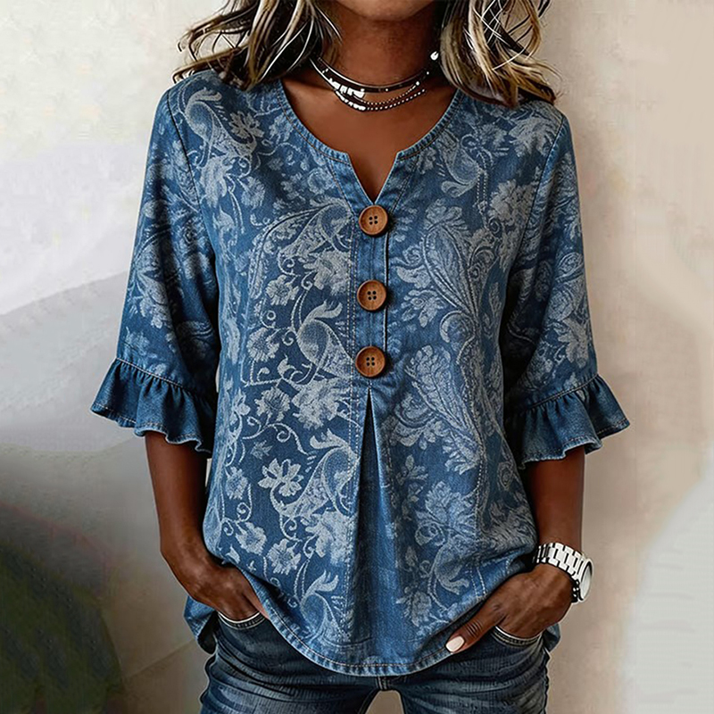 Comstylish Women's Vintage Casual Jacquard Short-sleeve Top