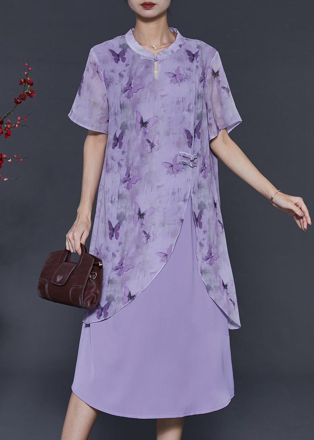 VCSHOES Purple Butterfly Chinese Button Chiffon Fake Two Piece Dresses Summer
