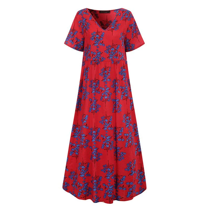 ZANZEA Summer Women Sundress Bohemian Floral Print Beach Maxi Dress Vintage V Neck Short Sleeve Oversized Dresses Kaftan Vestido