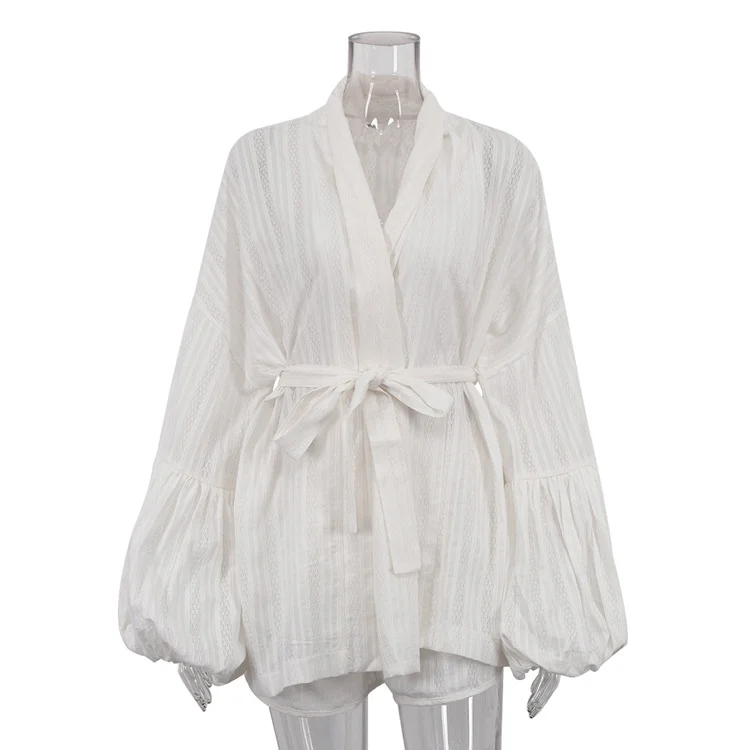 Cotton Lace-up Loose Long Sleeve Cardigan Top Shorts Two-piece Set