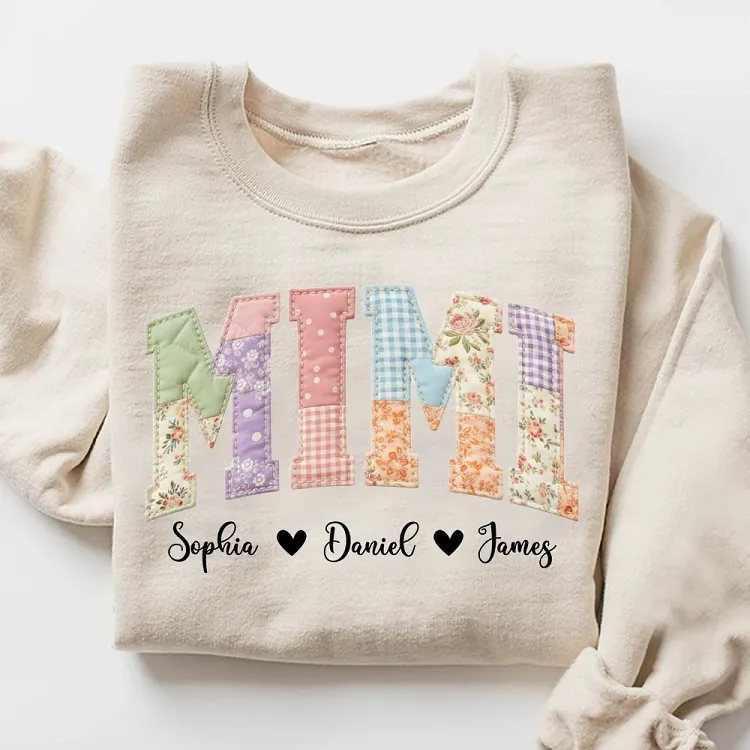 Personalized Mimi Shirt with Kids Names, Custom Floral Patchwork Sweatshirt, Unique Grandmother Gift for Mimi from Grandkids
