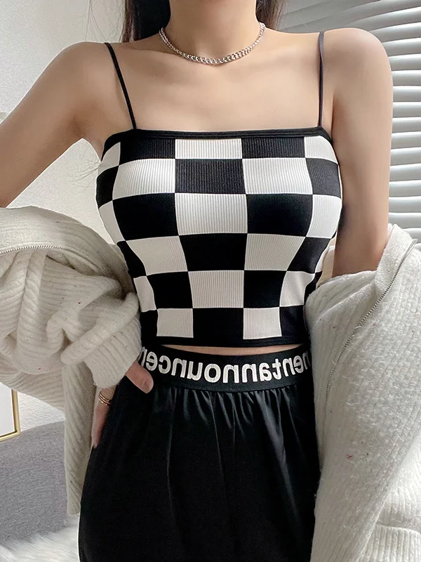 Checkered Ribbing Spaghetti Straps Elastic Tube Top