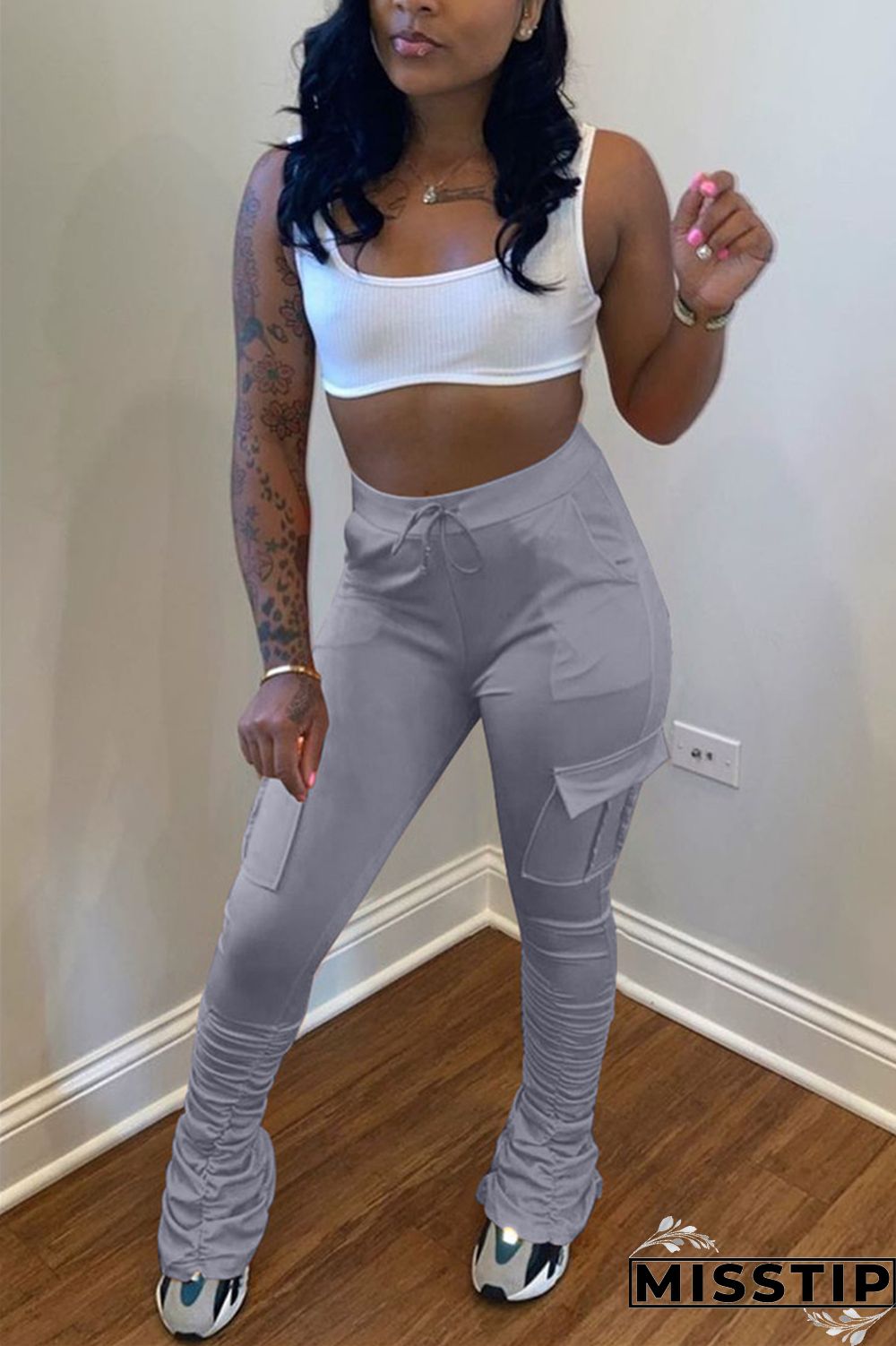 Fluorescent green Drawstring High Solid Pocket Draped Boot Cut Pants Bottoms