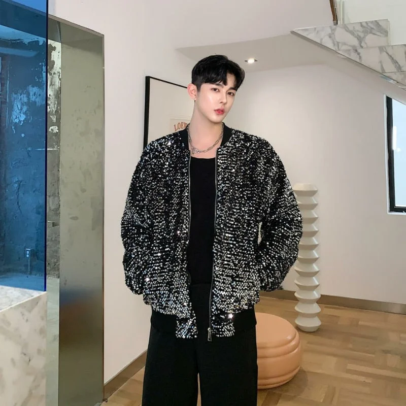 Fashion Men's Sequined Jackets Bling Glitter Bomber Jacket Coat Reflective Hip Hop Tops Streetwear Singer Nightclub Clothing Man