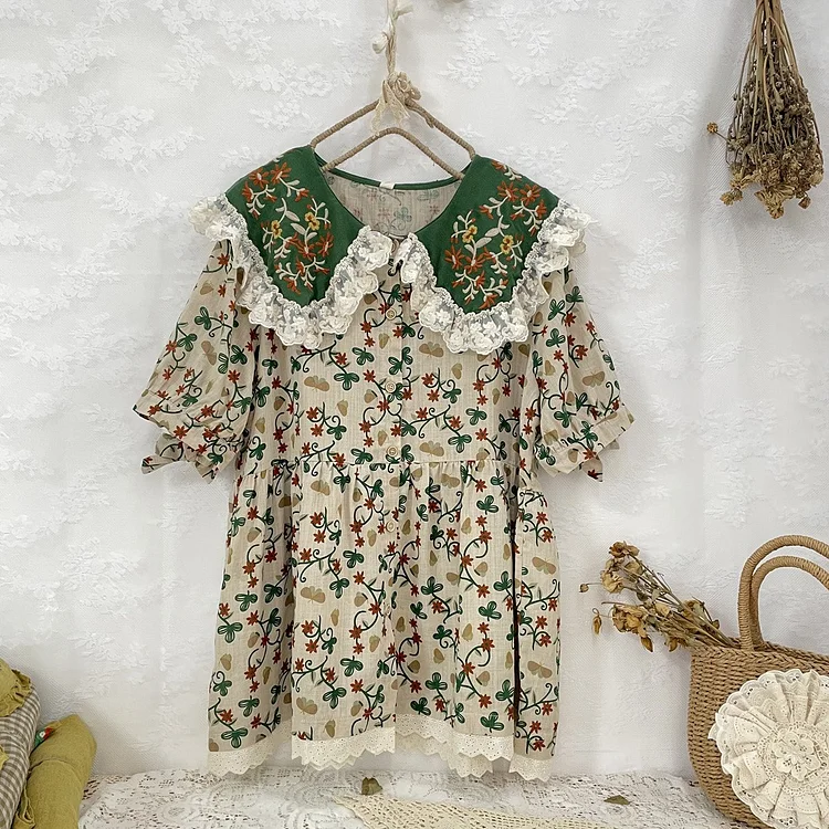 Queenfunky cottagecore style Mori Girl Loose Embroidered Shirt QueenFunky