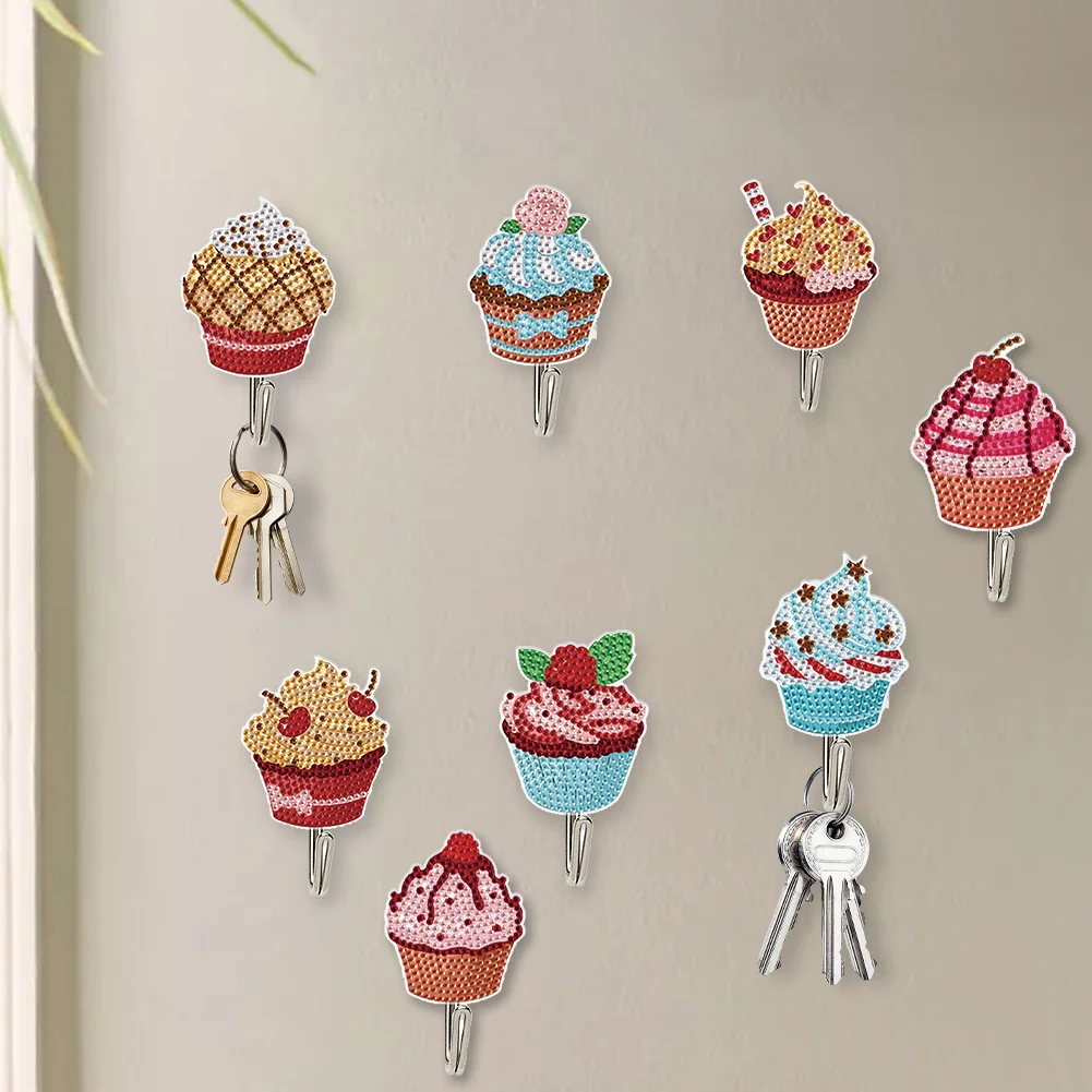 5D DIY 8Pcs Cupcake Diamond Painting Hooks Diamond Art Craft Wall Hooks Home Decor