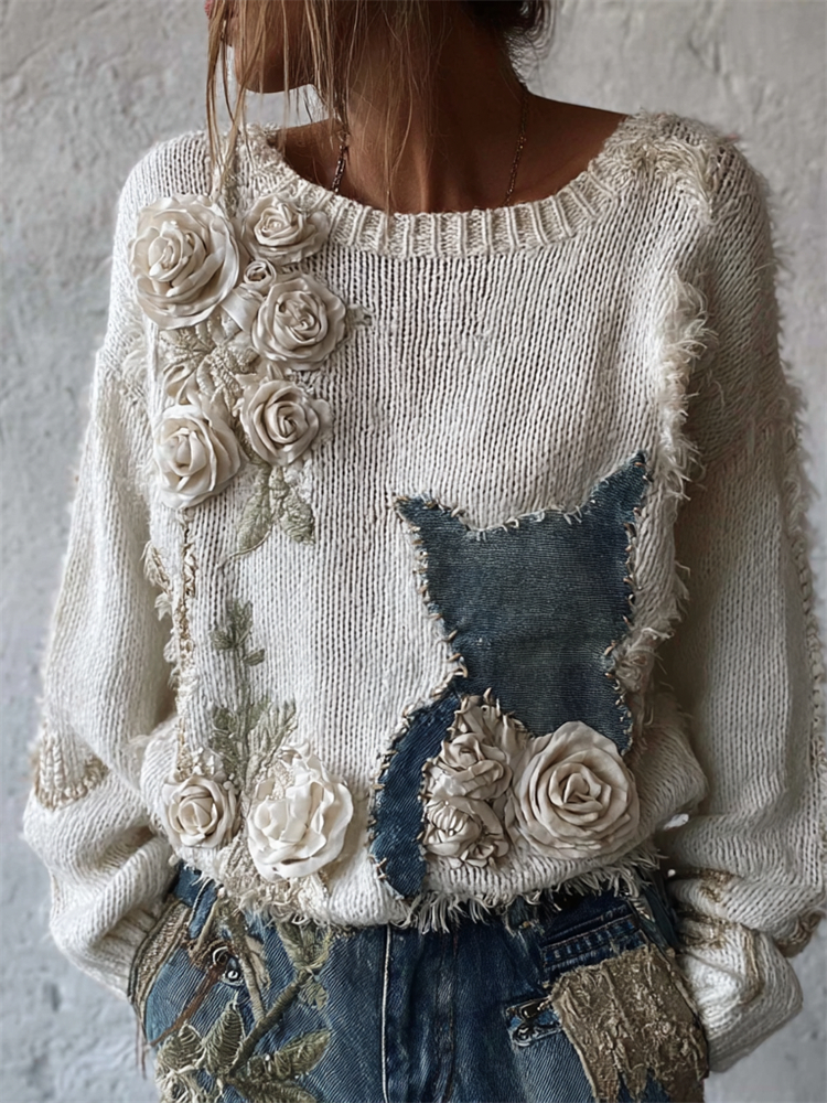 Boho Cat Denim Patch White Roses Cozy Knit Sweater