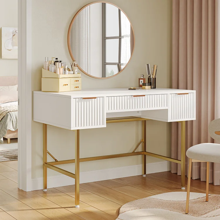 Bestier 47.6" Fluted Vanity Makeup Desk, Big Computer Writing Desk with 3 Drawers, White & Gold