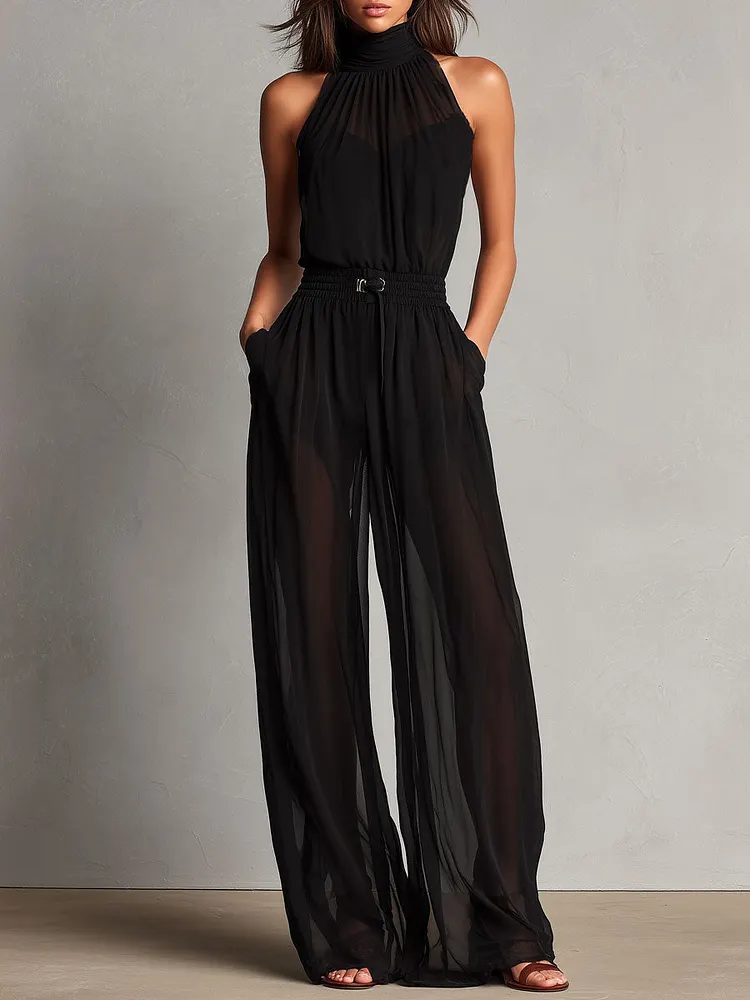 Elegant High Neck Black Sheer Halter Wide-Leg Jumpsuit