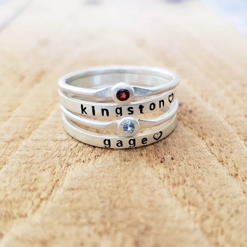 Birthstone and Name Ring Stacking Set in Sterling Silver