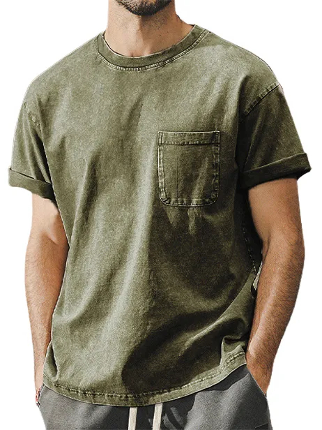 Men's Washed Distressed Pocket Crew Neck T-shirt PLUSCLOTHESMAN