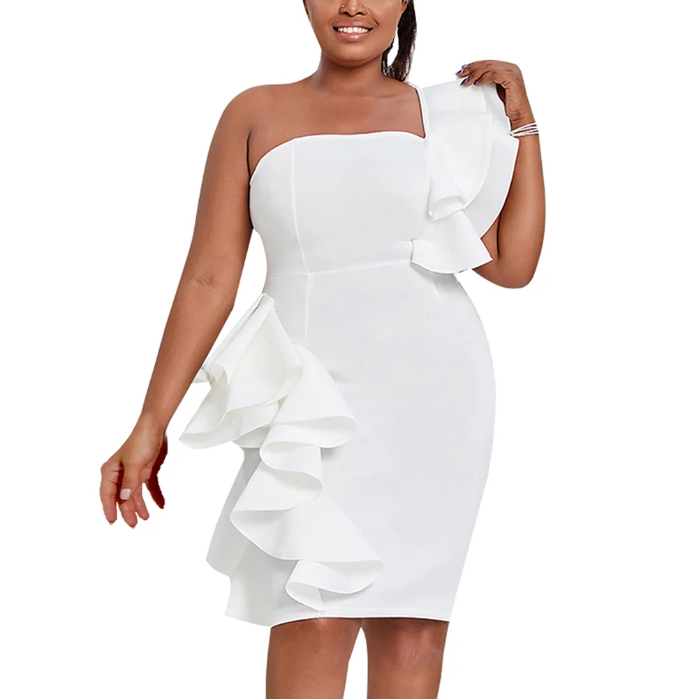 White Solid One Shoulder Bodycon Dress with Ruffles