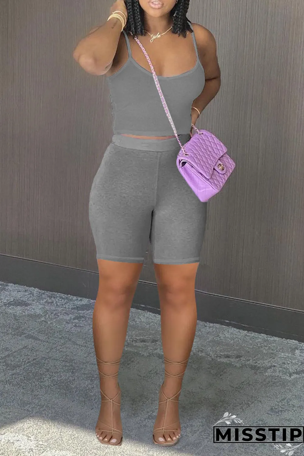 Grey Casual Solid Patchwork Spaghetti Strap Sleeveless Two Pieces