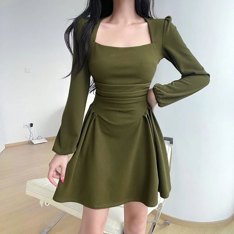 Toloer Toloer Women's Summer Tide Afternoon Tea Party Retro Square Collar Long Sleeve Dress Waist Show Thin Temperament Tea Break Dress-Outfit Ideas