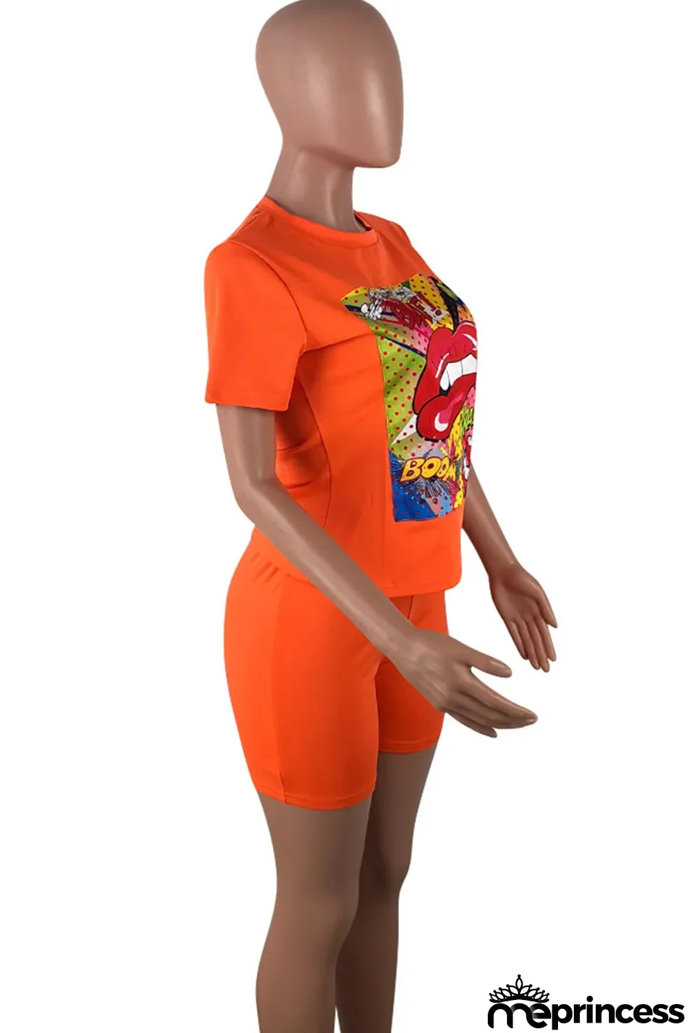 Orange Casual Letter Print Split Joint O Neck Short Sleeve Two Pieces