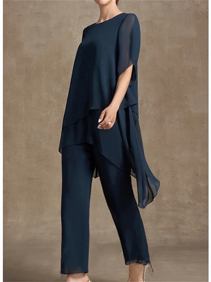 Women's Jumpsuit Solid Color Round Neck Elegant Wedding Prom Straight Regular Fit Half Sleeve Navy Blue S M L Spring-Hoverseek