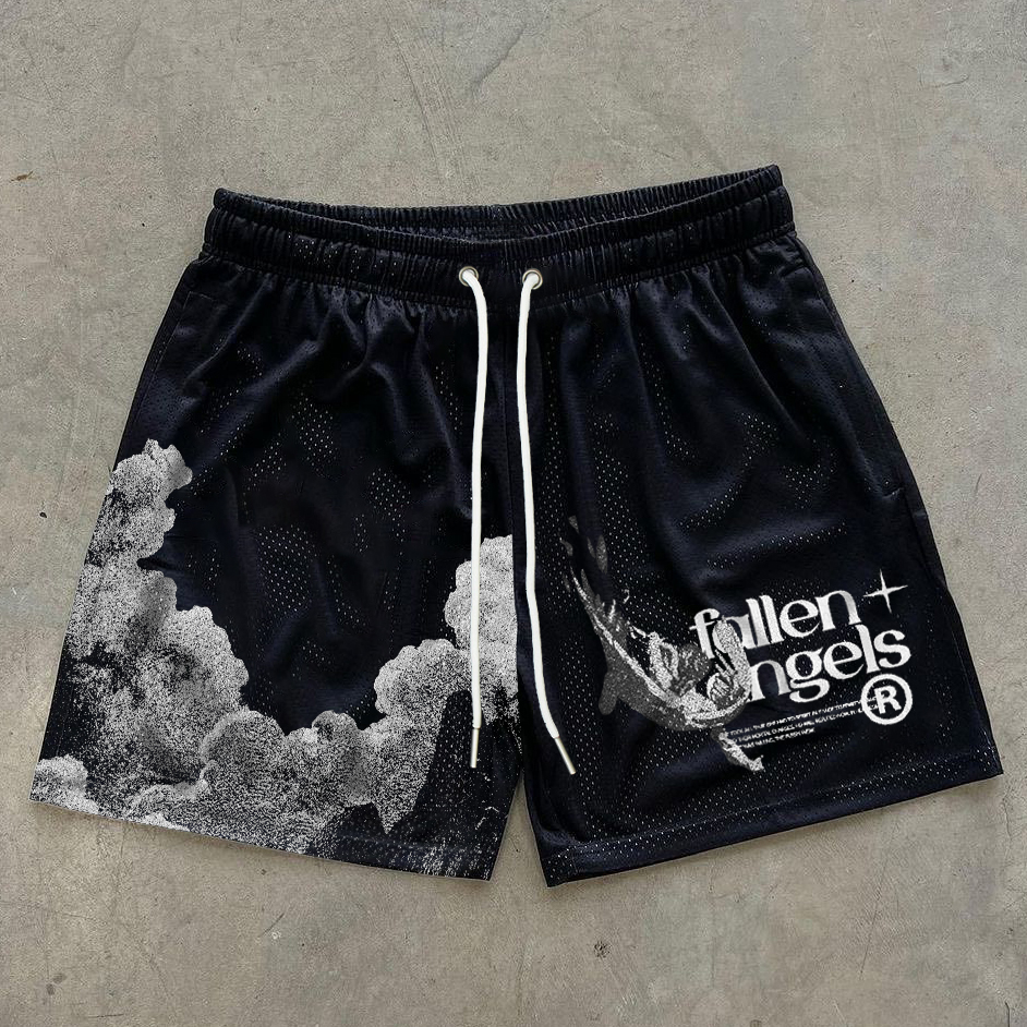 Vintage Fallen Angel Graphic Casual Street Mesh Shorts - SOPULA