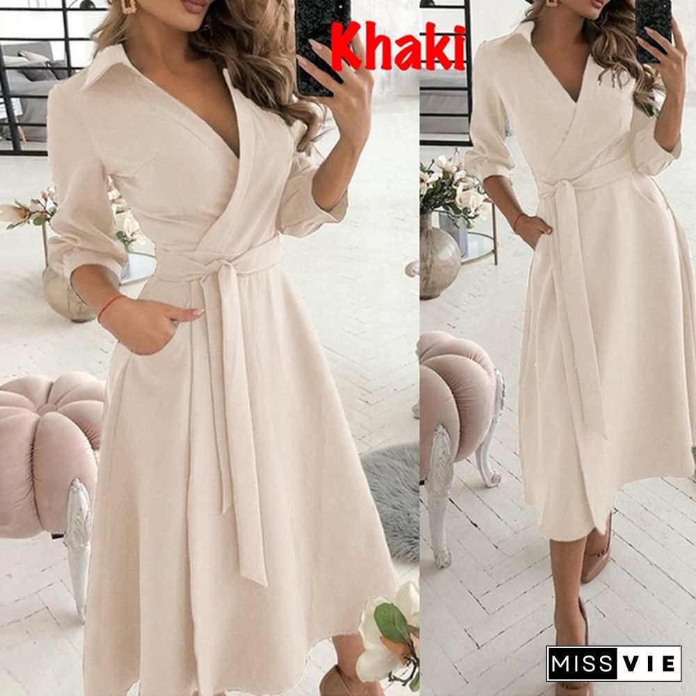 Fashion V-Neck Print Dress-SummerCasualBeltLacePartyLinePromLongSleeveLadiesTunic